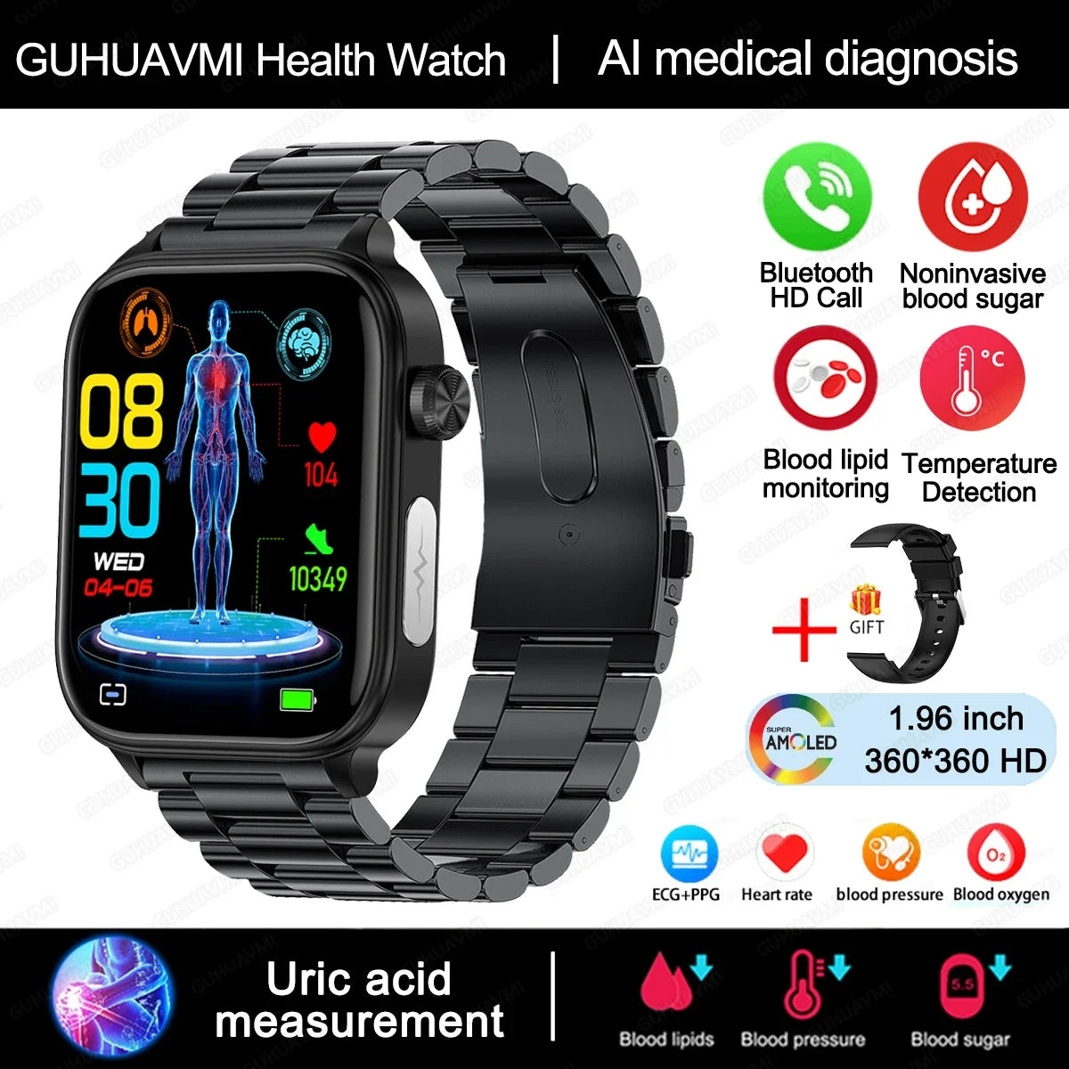 2024 New ECG+PPG Uric Acid Non-Invasive Blood Glucose Smartwatch Men Bluetooth Call Heart Rate Blood Pressure Smart Watch Women