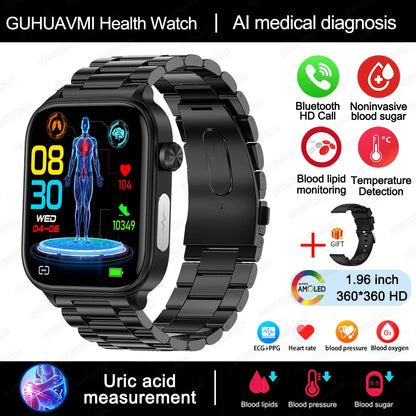 2024 New ECG+PPG Uric Acid Non-Invasive Blood Glucose Smartwatch Men Bluetooth Call Heart Rate Blood Pressure Smart Watch Women