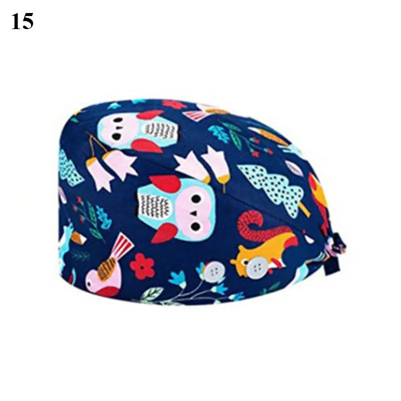 Floral Soft Hat Printing Nurse Sweat-absorbent Head Wrap Towel Surgical Anti-Dirty Pure Cotton Cap With Button Scrub Cap