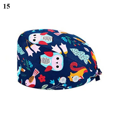 Floral Soft Hat Printing Nurse Sweat-absorbent Head Wrap Towel Surgical Anti-Dirty Pure Cotton Cap With Button Scrub Cap