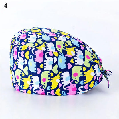 Floral Soft Hat Printing Nurse Sweat-absorbent Head Wrap Towel Surgical Anti-Dirty Pure Cotton Cap With Button Scrub Cap