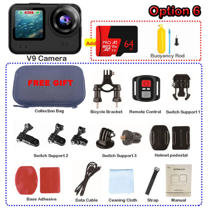 4K60FPS 20MP Action Camera 5M Body Waterproof EIS DVR 170D Sports Video Recording Dual Display 2" Touch Screen 1080P Webcam