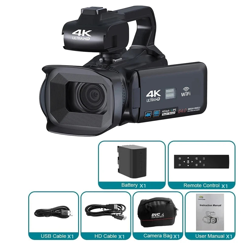 4K 60FPS Camcorder Professional Digital Video Camera 4K HD YouTube Streaming Camera 64MP 18X Zoom 4" Touch Screen Vlog Recorder