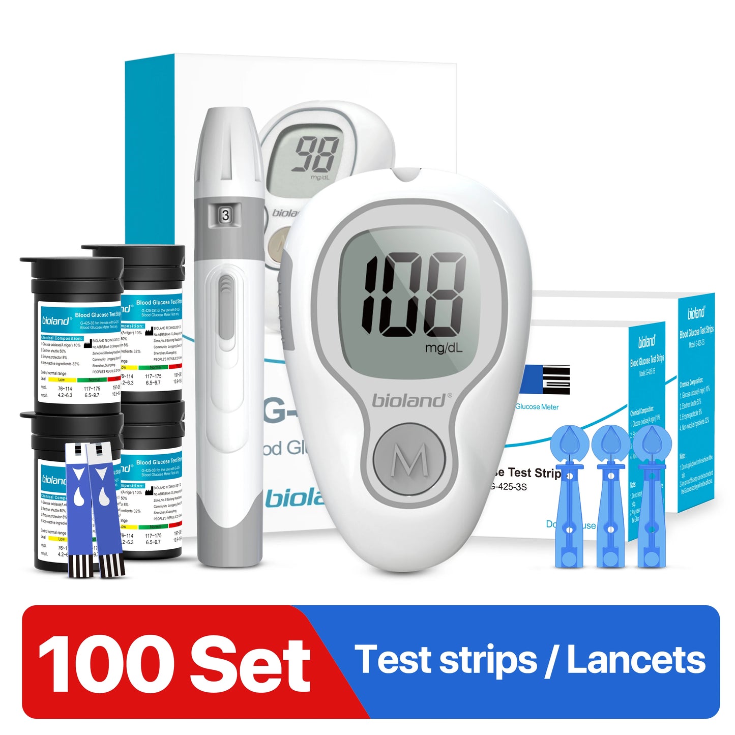 Blood Glucose Meter Glucometer Full Set Glucose Test Strips Medical Diabetes Blood Sugar Monitor Bioland G-425-3 Complete Kit
