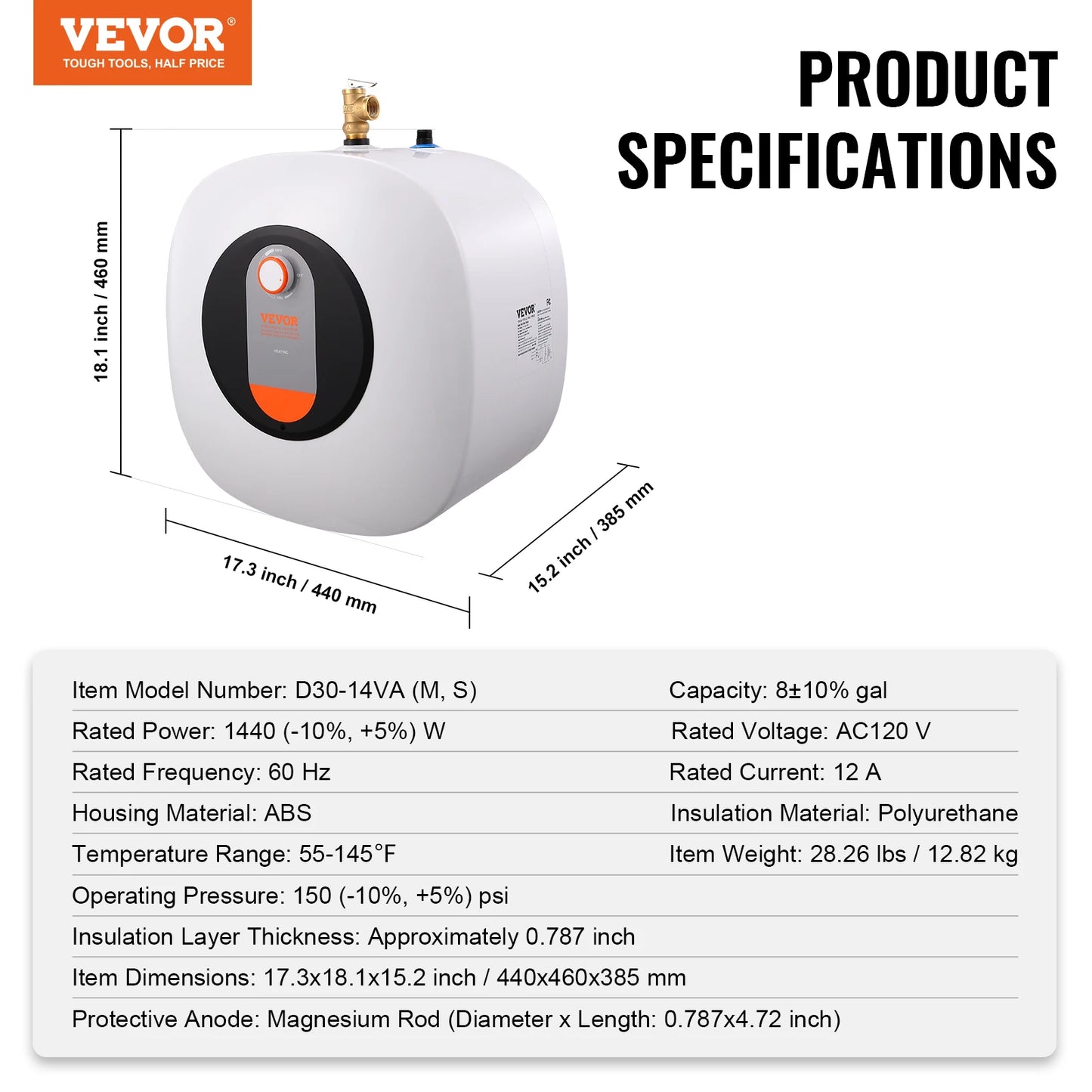 VEVOR Electric Mini-Tank Water Heater, 2.5/4/8-Gal Tank Hot Water Storage, Safety Temperature Pressure Valve,for Kichen Bathroom