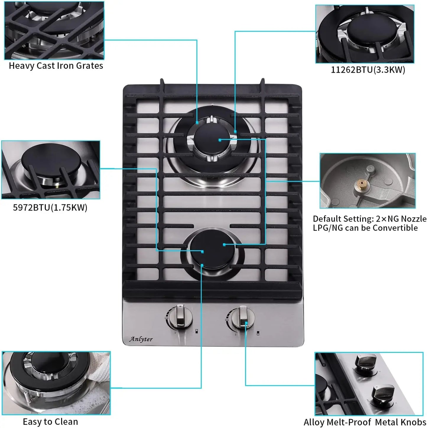 12 Inch Gas Cooktop 2 Burners Built-in Gas Stovetop Stainless Steel Gas Stove Top LPG/NG Convertible Dual Fuel Sealed Hob