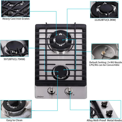 12 Inch Gas Cooktop 2 Burners Built-in Gas Stovetop Stainless Steel Gas Stove Top LPG/NG Convertible Dual Fuel Sealed Hob