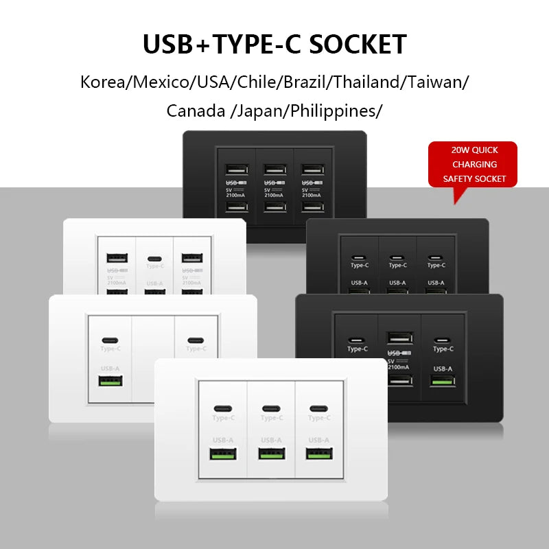 Korea Chile standard 20W Super Fast smart Charge Type C USB Port Power Wall Socket Plug,118*73mm Quick Charge electrical Outlet