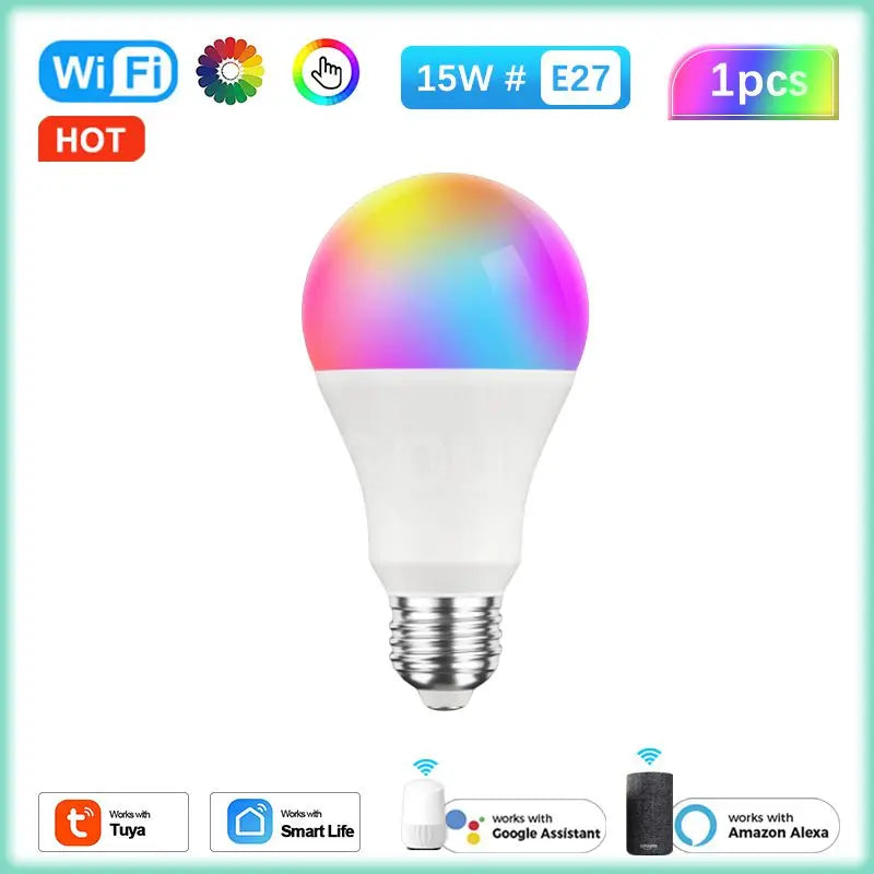Tuya Smart WiFi Led Bulb 15W RGBCW LED Light Dimmable Lightbulbs Works With Alexa Google Home Alice Voice Control LED Lamp