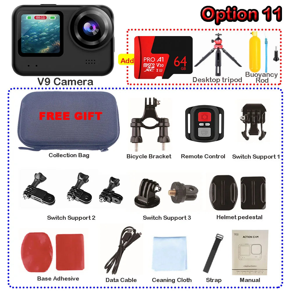 4K60FPS 20MP Action Camera 5M Body Waterproof EIS DVR 170D Sports Video Recording Dual Display 2" Touch Screen 1080P Webcam