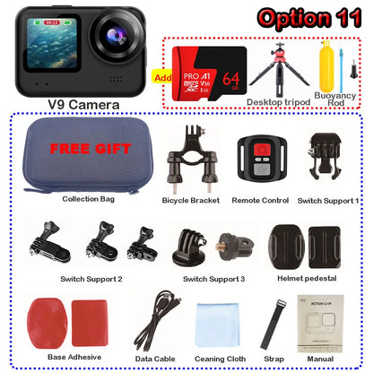 4K60FPS 20MP Action Camera 5M Body Waterproof EIS DVR 170D Sports Video Recording Dual Display 2" Touch Screen 1080P Webcam