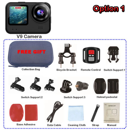 4K60FPS 20MP Action Camera 5M Body Waterproof EIS DVR 170D Sports Video Recording Dual Display 2" Touch Screen 1080P Webcam