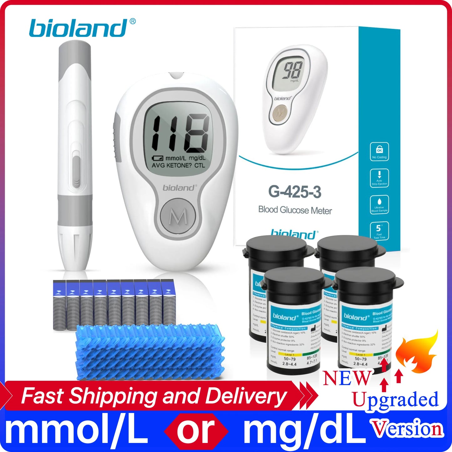 Blood Glucose Meter G-425-3 Diabetes Testing Kit Diabetes Machine Blood Sugar Meter Glucometer Test Strips Lancet 5S Get Results