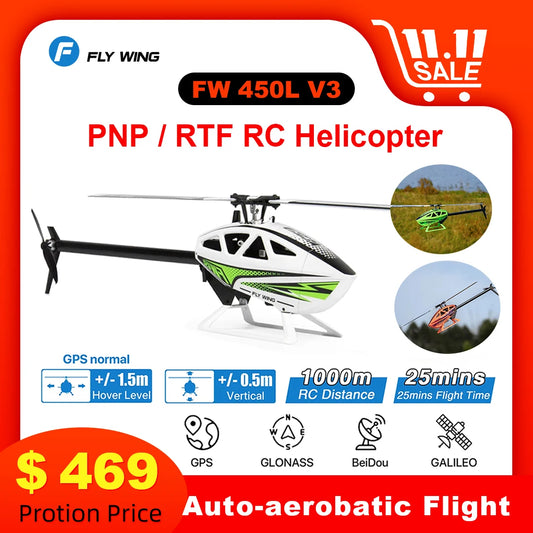 Flywing FW450l V3 Rc Helicopters Toys 6ch Adults Remote Control Helicopter Model PNP RTF 3D GPS Automatic Return RC Helicopter