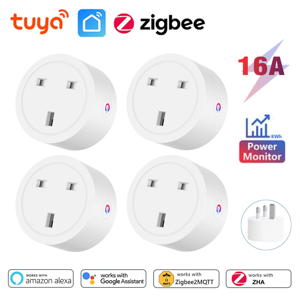 Tuya Zigbee Smart Socket 16A UK Plug with Power Monitor Smart Outlet Works with Zigbee Hub gateway Supports Google Home Alexa