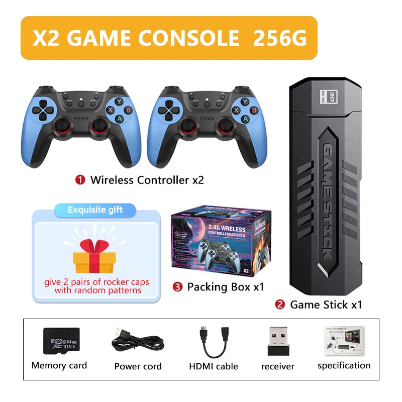 New X2 Game Stick 4K 3D HD Retro Video Game Console Wireless Controller TV Game Play 256G 58000 Retro Games Children Gift