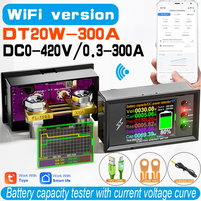 DC 0-420V Tuya WiFi Smart Lithium Battery Capacity Detection Tester DC digital Display Current Voltage Coulomb Power Meter DT20W