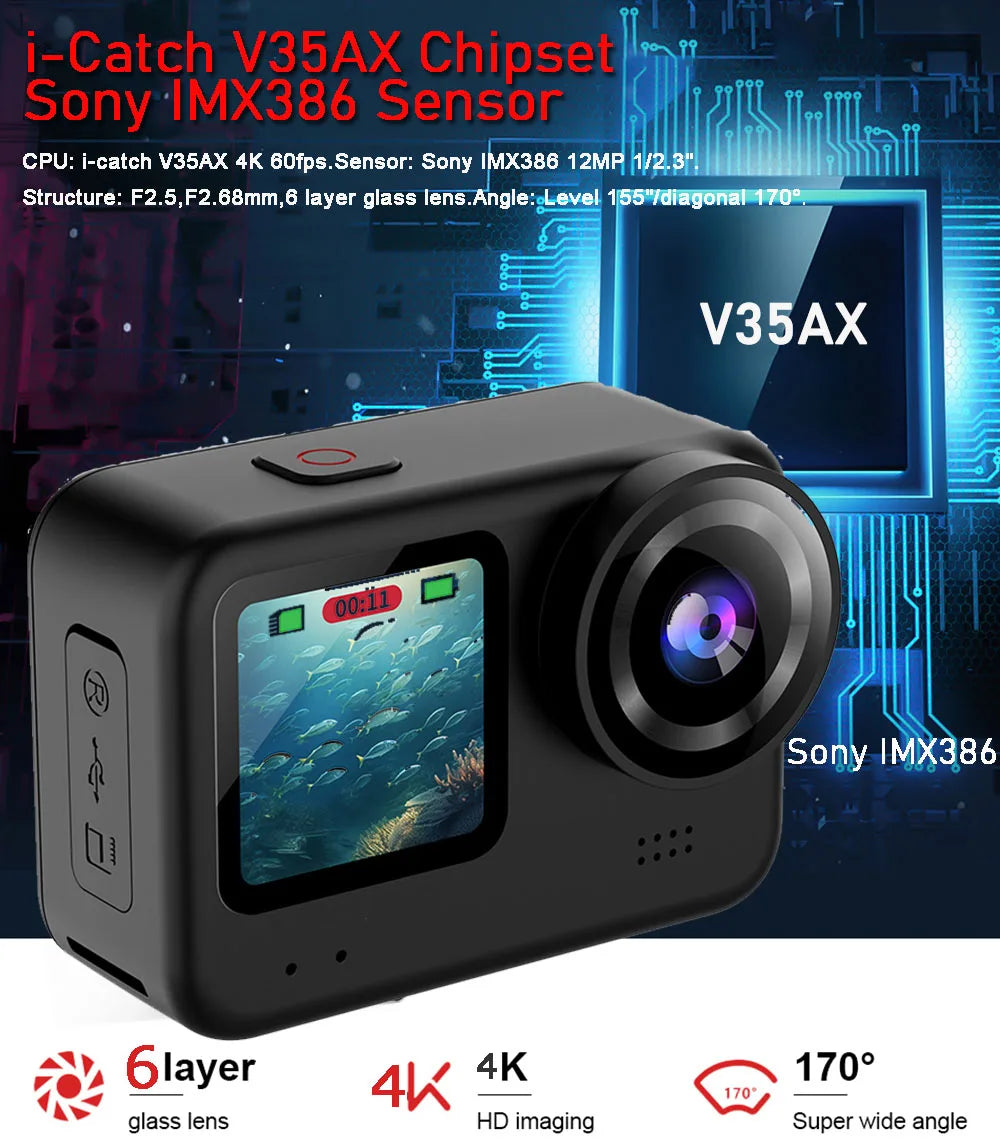 4K60FPS 20MP Action Camera 5M Body Waterproof EIS DVR 170D Sports Video Recording Dual Display 2" Touch Screen 1080P Webcam