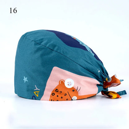 Floral Soft Hat Printing Nurse Sweat-absorbent Head Wrap Towel Surgical Anti-Dirty Pure Cotton Cap With Button Scrub Cap