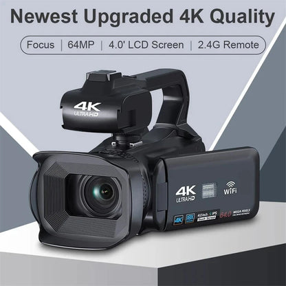 4K 60FPS Camcorder Professional Digital Video Camera 4K HD YouTube Streaming Camera 64MP 18X Zoom 4" Touch Screen Vlog Recorder