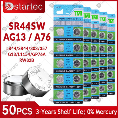 10PCS-50PCS 1.55V AG13 LR44 L1154 RW82 SR1154 SP76 pila SR44 Button Batteries A76 LR1154 GP7 Cell Coin Watch Toys Remote Battery