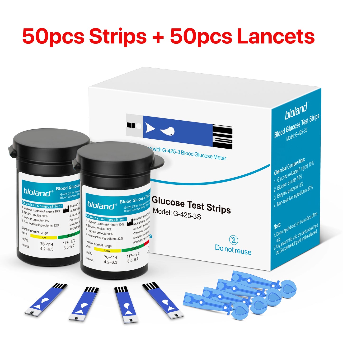 (50/100/200/300/500 pcs for G-427B and G-425-2/-3) bioland Blood Glucose Meter Test Strips and Lancets for Diabetes accessories