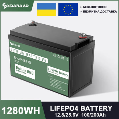 LiFePO4 Battery 100 200AH Lithium Battery, Built-in 200A BMS, 4000+ Cycles for RV, Off-Grid, Solar Power System, Marine Ect