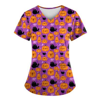 Women's medical gown Halloween pumpkin Christmas reindeer V-neck clinical gown short sleeved patch top women's surgical nurse