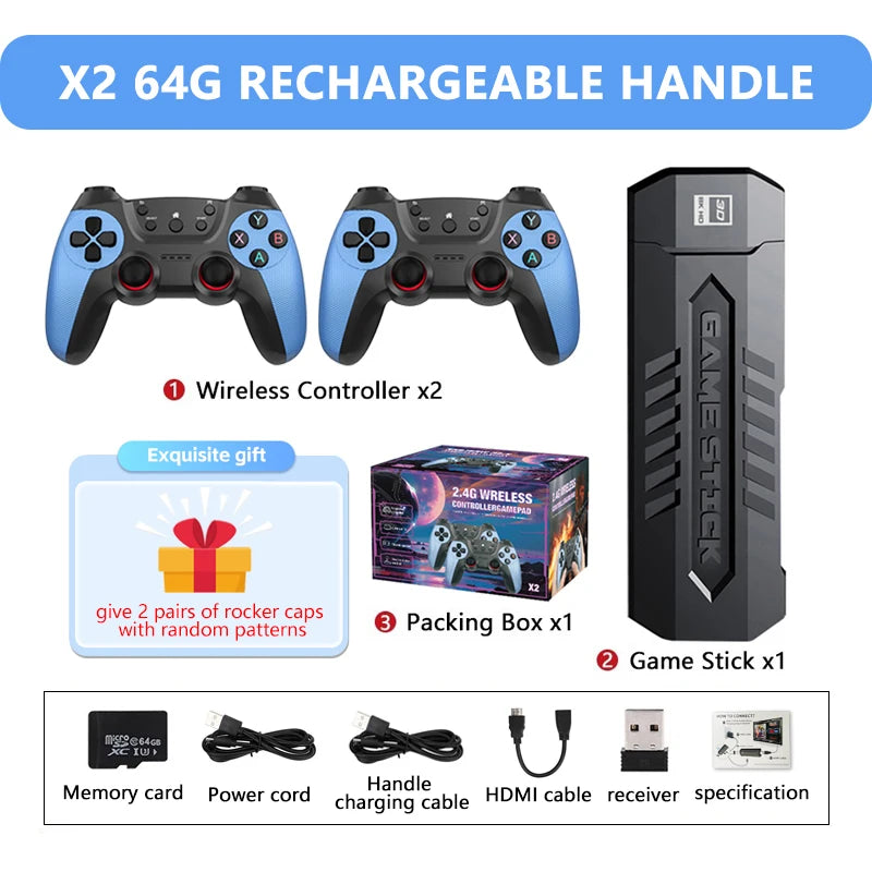 New X2 Game Stick 4K 3D HD Retro Video Game Console Wireless Controller TV Game Play 256G 58000 Retro Games Children Gift