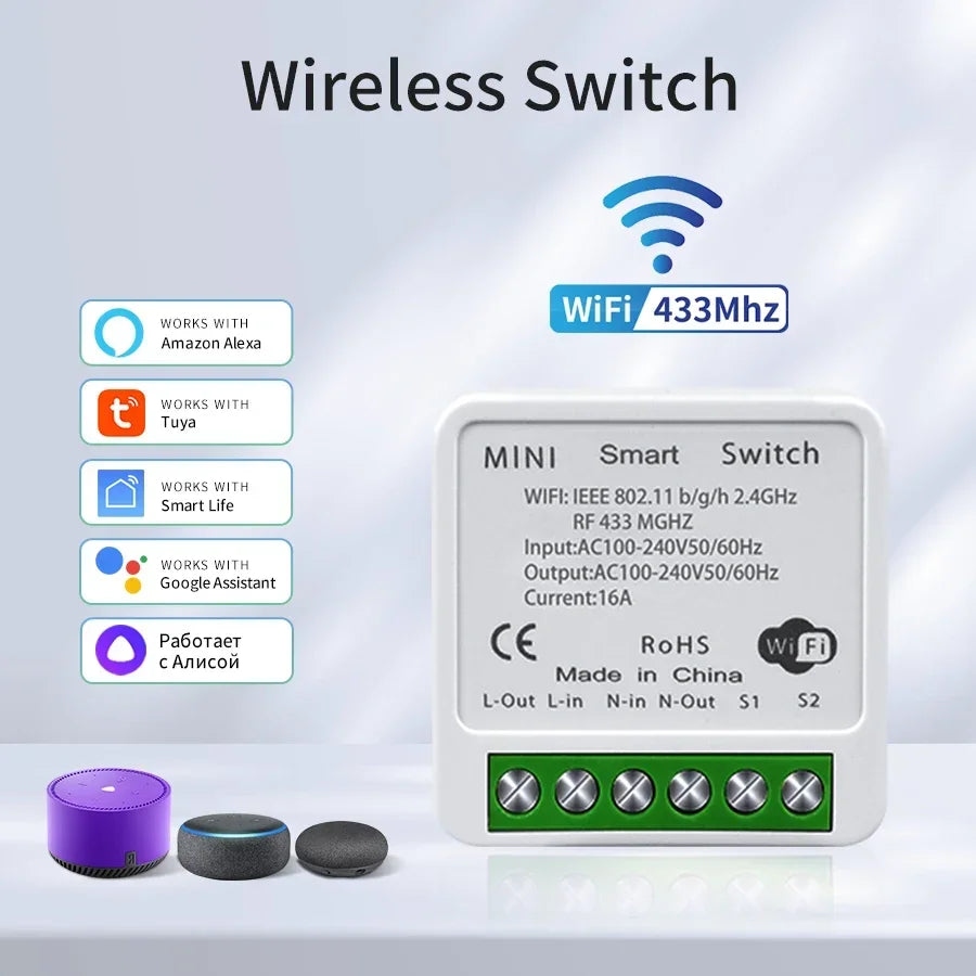 16A Tuya WiFi Smart Switch Wireless RF 433MHz Mini Relay Receiver 1/2/3 Gang Wall Panel Switch Alexa Google Home Voice Control