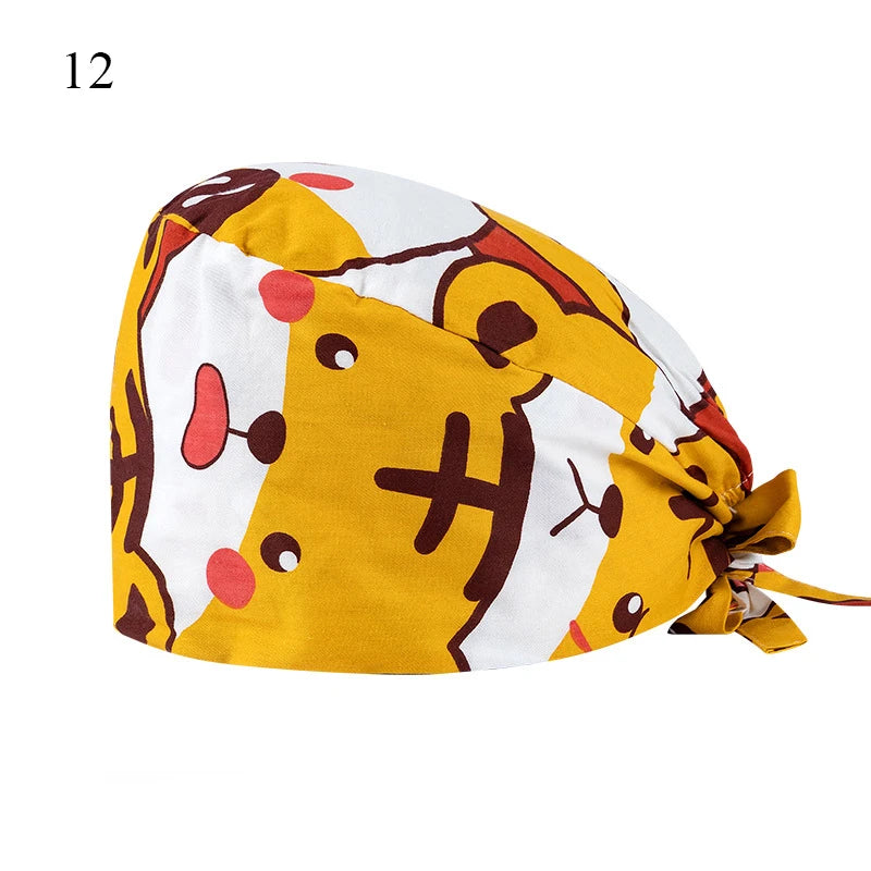 Floral Soft Hat Printing Nurse Sweat-absorbent Head Wrap Towel Surgical Anti-Dirty Pure Cotton Cap With Button Scrub Cap