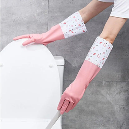 Latex Rubber Dish Washing Gloves Velvet Elastic Cuffs Housework Gloves Long Sleeve Waterproof Winter Cleaning Gloves Kitchen