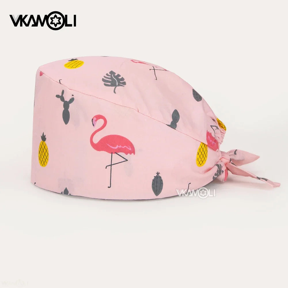 vkamoli Red series women Soft Hat Printing Nurse Sweat-absorbent Head Wrap Towel Surgical Anti-Dirty Pure Cotton Cap Scrub Cap