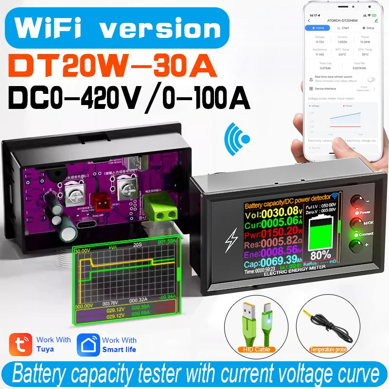 DC 0-420V Tuya WiFi Smart Lithium Battery Capacity Detection Tester DC digital Display Current Voltage Coulomb Power Meter DT20W