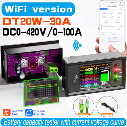 DC 0-420V Tuya WiFi Smart Lithium Battery Capacity Detection Tester DC digital Display Current Voltage Coulomb Power Meter DT20W