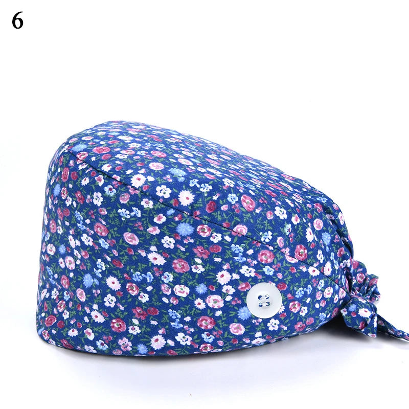 Floral Soft Hat Printing Nurse Sweat-absorbent Head Wrap Towel Surgical Anti-Dirty Pure Cotton Cap With Button Scrub Cap