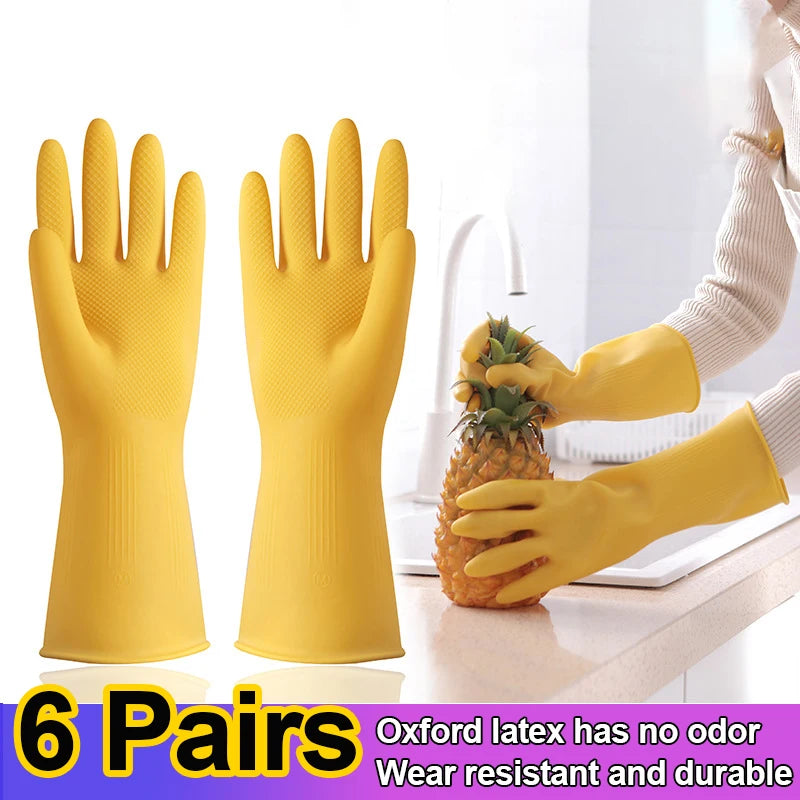 Cow Tendon Latex Gloves Dishwashing Rubber Durable Household Rubber Plastic Kitchen Work Wear-resistant Waterproof 6 Pairs