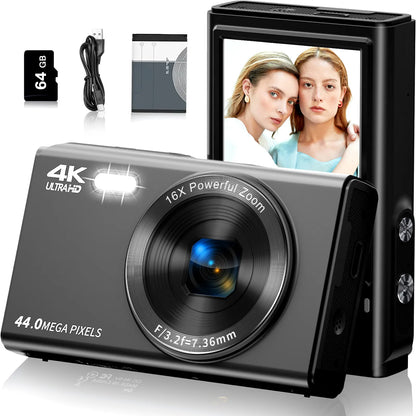 4K Digital Camera for Photography, Autofocus 4k Vlogging Camera, Compact Camera with 16X Digital Zoom, 2.4" Screen, 32GB Card