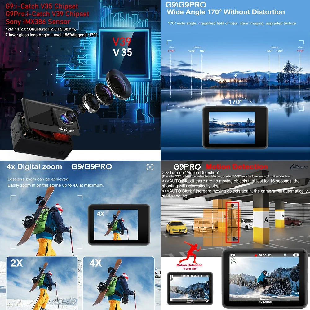 Huafant G9 Action Camera 4K 60FPS 24MP 2.0 Touch LCD EIS Dual Screen Wi-Fi 170D Waterproof Remote Control 4X Zoom Sports Cam