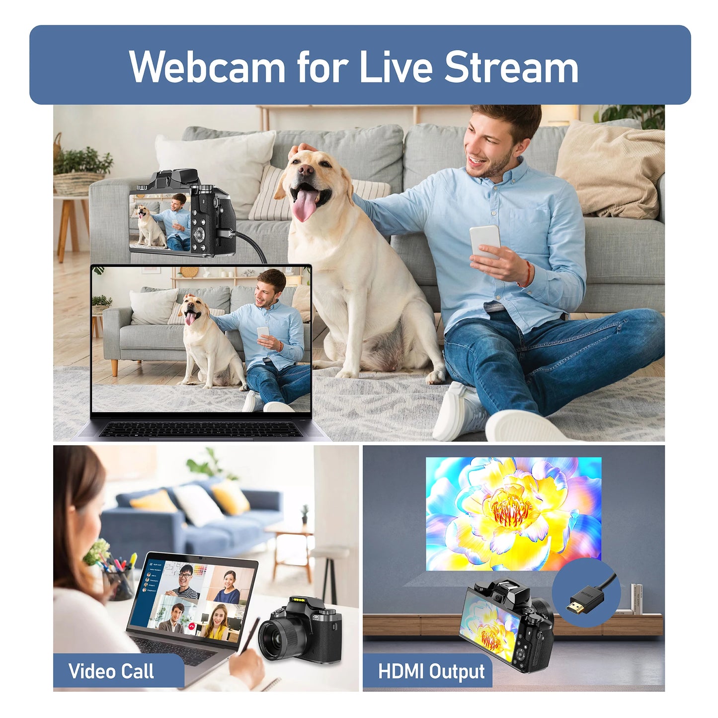 64MP Digital Photo Camera SLR DSLR For Photography Auto Focus 4K 60FPS Vlog Camcorder 4" Touch Screen Youtube Livestream Webcam