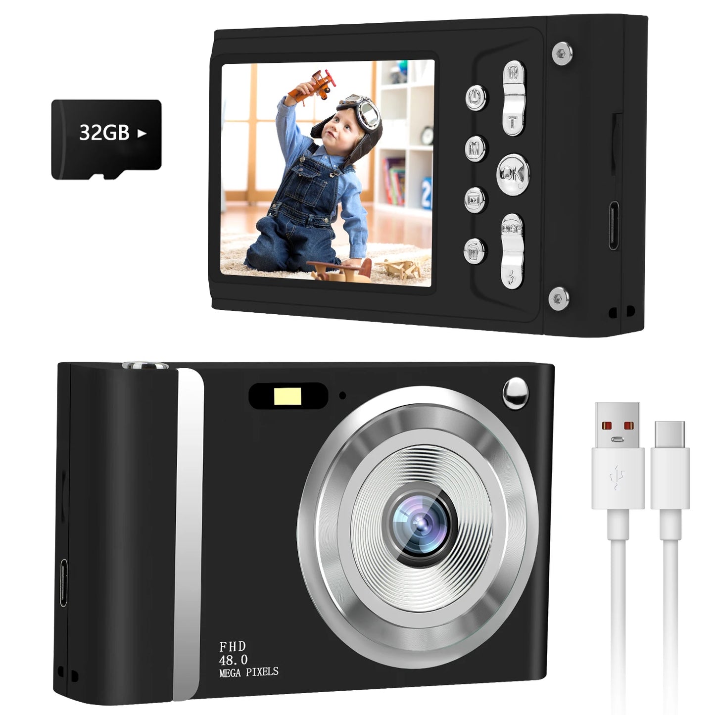 FHD 1080P Digital Camera for Kids Video Camera with 32GB SD Card 16X Digital Zoom Compact Point and Shoot Camera for Students