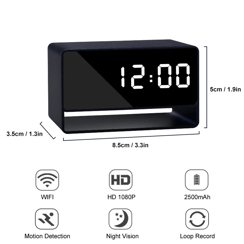 Alarm Clock Cam Full HD 1080P WiFi Wireless Remote Camera Night Vision Motion Detection Alert Surveillance Home Office Security