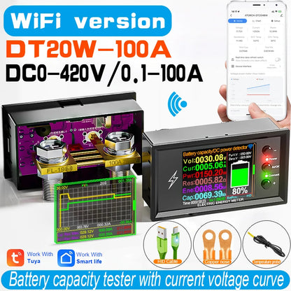 DC 0-420V Tuya WiFi Smart Lithium Battery Capacity Detection Tester DC digital Display Current Voltage Coulomb Power Meter DT20W