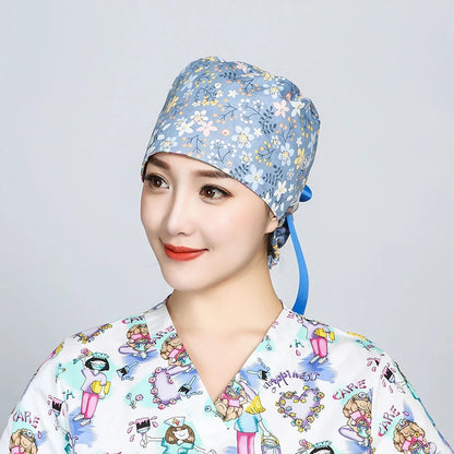 Printed Surgical Cap Scrub Cotton With Button Doctor Wrap Long Hair Adjustable Lace-up Women Beauty Care Hospital Accessories