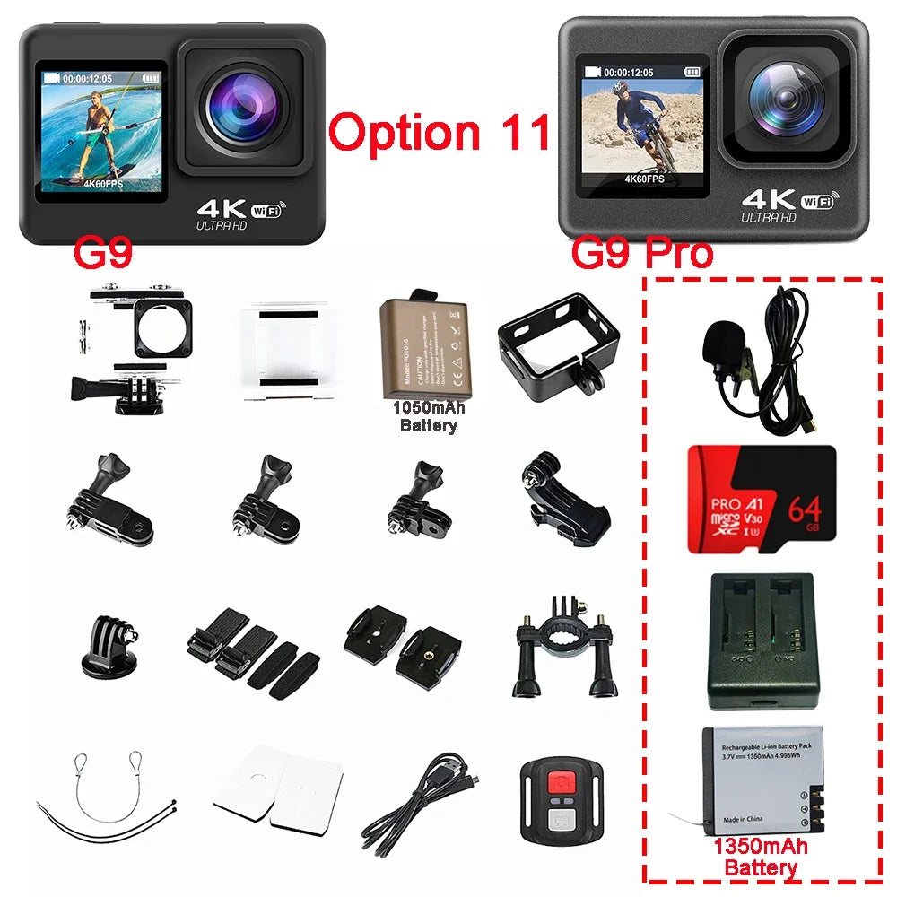 Huafant G9 Action Camera 4K 60FPS 24MP 2.0 Touch LCD EIS Dual Screen Wi-Fi 170D Waterproof Remote Control 4X Zoom Sports Cam