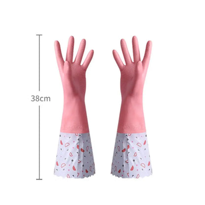 Latex Rubber Dish Washing Gloves Velvet Elastic Cuffs Housework Gloves Long Sleeve Waterproof Winter Cleaning Gloves Kitchen