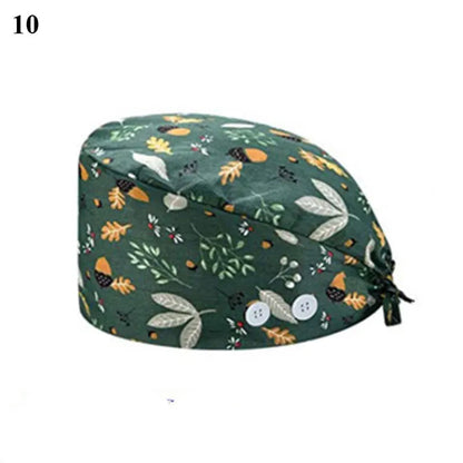 Floral Soft Hat Printing Nurse Sweat-absorbent Head Wrap Towel Surgical Anti-Dirty Pure Cotton Cap With Button Scrub Cap