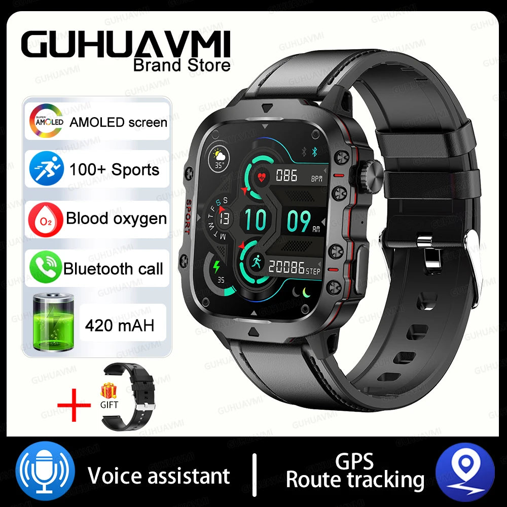 2024 New Rugged Military GPS Smart Watch Men AMOLED HD Screen Heart Rate Bluetooth Call Waterproof Outdoor SmartWatch For Xiaomi