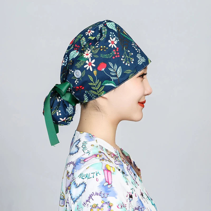 Printed Surgical Cap Scrub Cotton With Button Doctor Wrap Long Hair Adjustable Lace-up Women Beauty Care Hospital Accessories