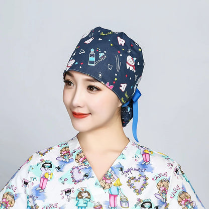 Printed Surgical Cap Scrub Cotton With Button Doctor Wrap Long Hair Adjustable Lace-up Women Beauty Care Hospital Accessories